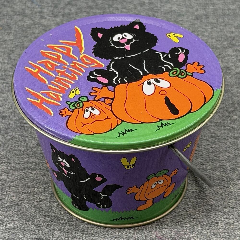 Old RUSS Halloween Tin Pail Lid Black Cat Jack-O-Lantern Pumpkin Mini Decor